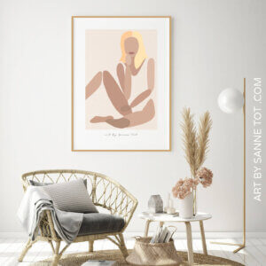 Plakat med naturlig yoga pige. Tegnet som et stiliseret grafisk billede. Trendy kunst print der passer perfekt ind i den nordiske interiør stil.
