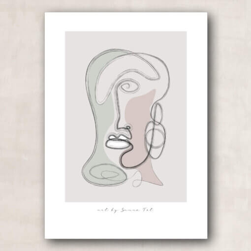 plakat print one liner 1 tegnet i én streg pastel farver, neutrale farver, kvinde ansigt stylet illustartion lysegrøn, lysebrun, langt hår, interiør dansk design nordisk