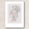 plakat print one liner 2 tegnet i én streg pastel farver, neutrale farver, kvinde ansigt stylet illustration lysegrøn, lysebrun, langt hår, interiør dansk design nordisk