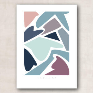 plakat print kunst abstrakt grafisk, former, blå toner, farver pastel, lysegrøn, lyseblå, lyserød, Lilla,