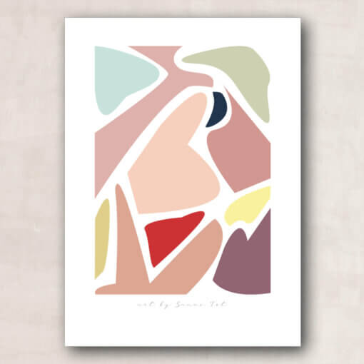 plakat print kunst abstrakt grafisk, former, rosa toner, farver pastel, lysegrøn, lyseblå, lyserød, Lilla, interiør, nordisk, dansk design,