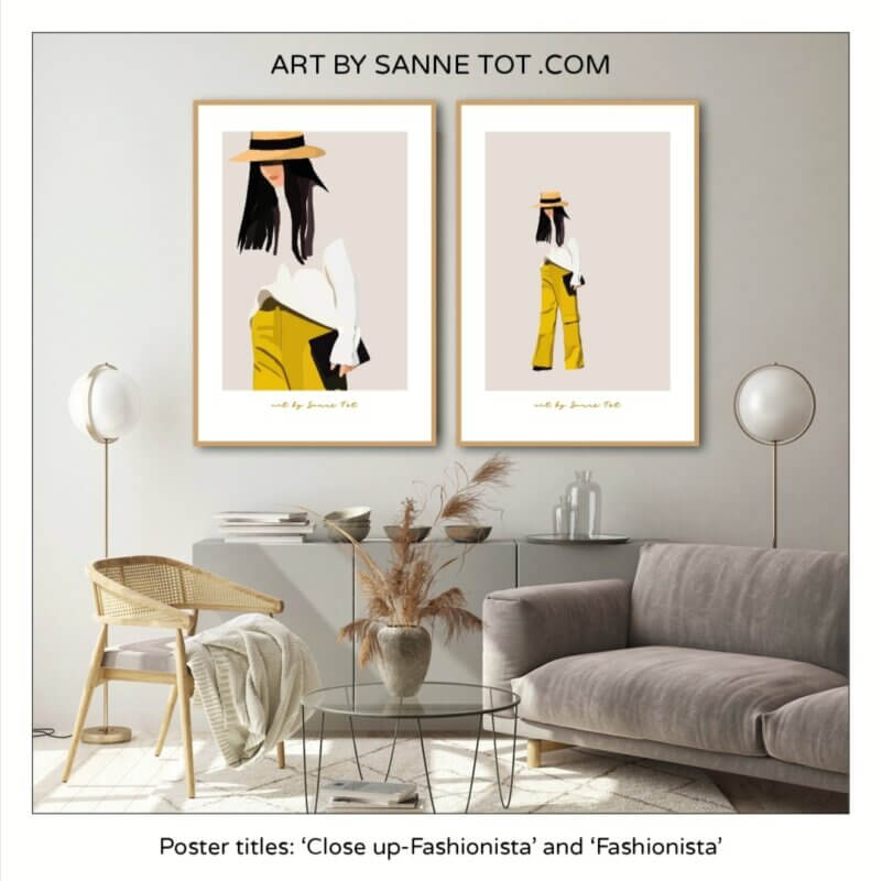 plakater billedvæg gul karry trendy coll model pige interiør design mode