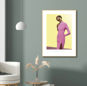 Plakat print kunst grafisk illustration lysegul baggrund stærk mørk kvinde model smuk