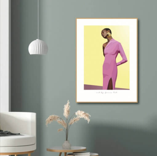 Plakat print kunst grafisk illustration lysegul baggrund stærk mørk kvinde model smuk