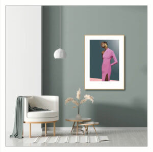 Plakat print kunst grafisk illustration lyserød rosa pink petroleums blå baggrund interiør dansk design nordisk
