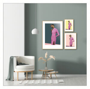 plakater plakat print interiør lyserød lysegul grøn stærk kvinde mørk model