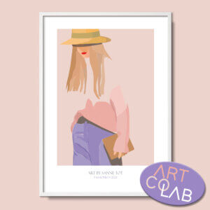 Lækker lyserød plakat med en cool, trendy, stærk pige, kvinde, der bærer en notesbog, har hat på og langt lyst hår. Grafisk tegning. Kunst.