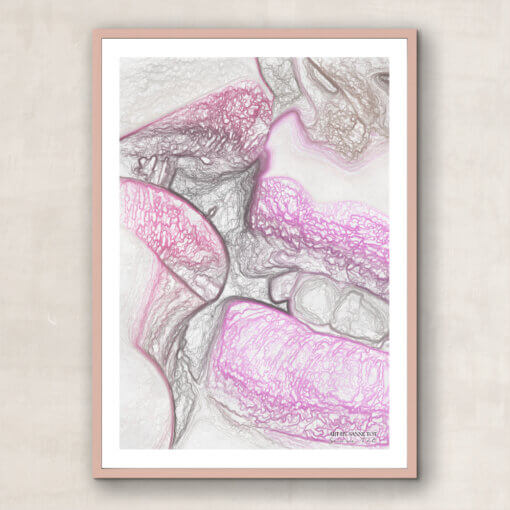 Plakater på DayOne, print, 2 sensuelle piger kvinde deler et kys, mund, pink, rød læbestift, læber, lækkert lys med skygger, stregtegning i matte farver, beige lysebrun, douce, nordisk skandinavisk interiør
