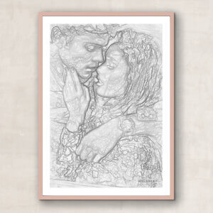 Plakater på DayOne, print, pige kvinde og mand omfavne, kys, intimt rum, romantisk, stregtegning i matte farver, sort hvid, douce, nordisk skandinavisk interiør