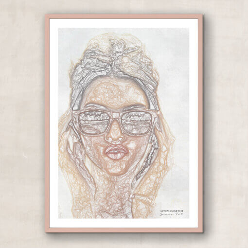 Plakater på DayOne, print, pige kvinde med cool solbriller og tørklæde, i lækkert sollys med skygger, stregtegning i matte farver, beige lysebrun, douce, nordisk skandinavisk interiør
