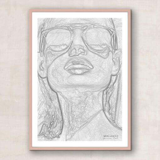 Plakater på DayOne, print, pige kvinde med cool solbriller i lækkert sollys med skygger, stregtegning i matte farver, beige lysebrun, douce, nordisk skandinavisk interiør