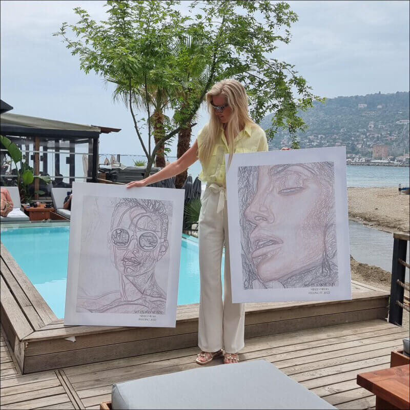 Kunst værker plakater til hotellet DayOne vises af Sanne, plakater, stregtegning, akvarel, mixed media, beige, støved farver