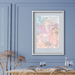 plakat Büyük Hotel, blå, grå, lyseblå, pink, blush, beige, pastel, douce, støvet, Blomsterplakat, art by Sanne Tot, skandinavisk design, støvede pastel farver, vægdekoration, luksuriøst hotel, kvalitetsplakat, bæredygtig kunst, moderne boligindretning.