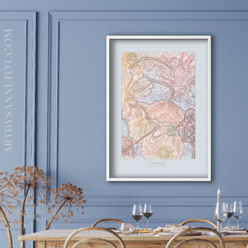 plakat Büyük Hotel, blå, grå, lyseblå, pink, blush, beige, pastel, douce, støvet, Blomsterplakat, art by Sanne Tot, skandinavisk design, støvede pastel farver, vægdekoration, luksuriøst hotel, kvalitetsplakat, bæredygtig kunst, moderne boligindretning.