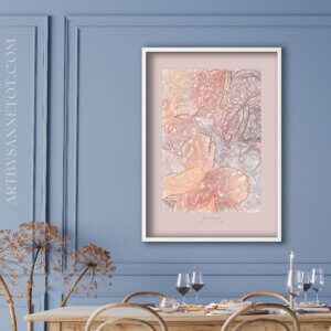 plakat Büyük Hotel, blå, grå, lyseblå, pink, blush, beige, pastel, douce, støvet, Blomsterplakat, art by Sanne Tot, skandinavisk design, støvede pastel farver, vægdekoration, luksuriøst hotel, kvalitetsplakat, bæredygtig kunst, moderne boligindretning.