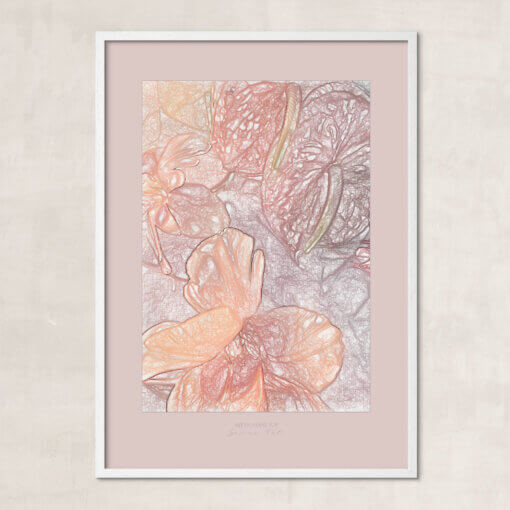 plakat Büyük Hotel, blå, grå, lyseblå, pink, blush, beige, pastel, douce, støvet, Blomsterplakat, art by Sanne Tot, skandinavisk design, støvede pastel farver, vægdekoration, luksuriøst hotel, kvalitetsplakat, bæredygtig kunst, moderne boligindretning.