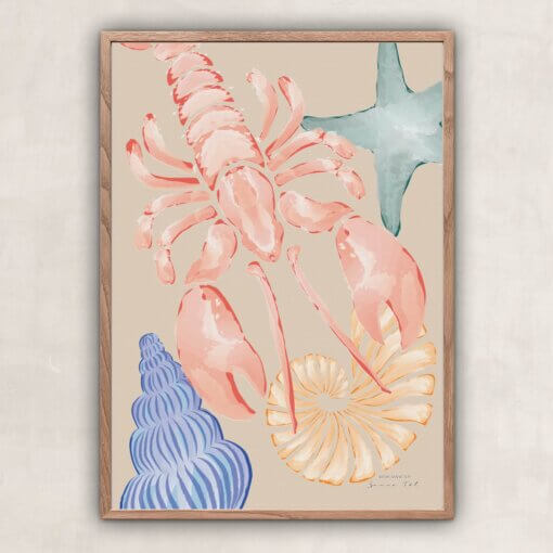 plakat lobster seashells, Grafisk plakat med hummer, søstjerne og strandskaller i friske farver – illustration af Sanne Tot