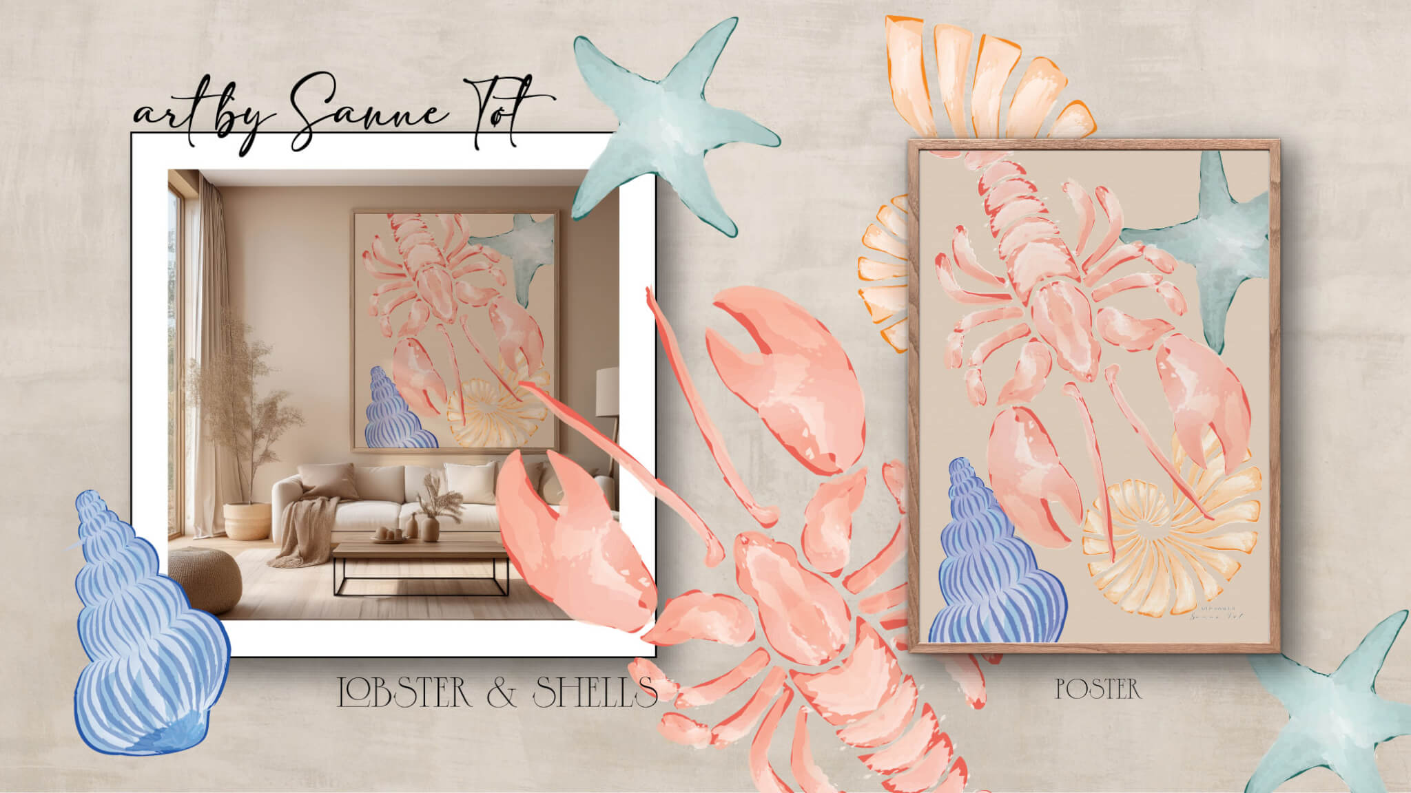 lobster, shells, hummer, strandskaller, maritim, hav natur, plakat hos artbysannetot